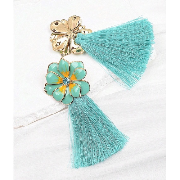 Mint Flower Tassel Gold Tone Statement Earrings - Picture 2 of 4